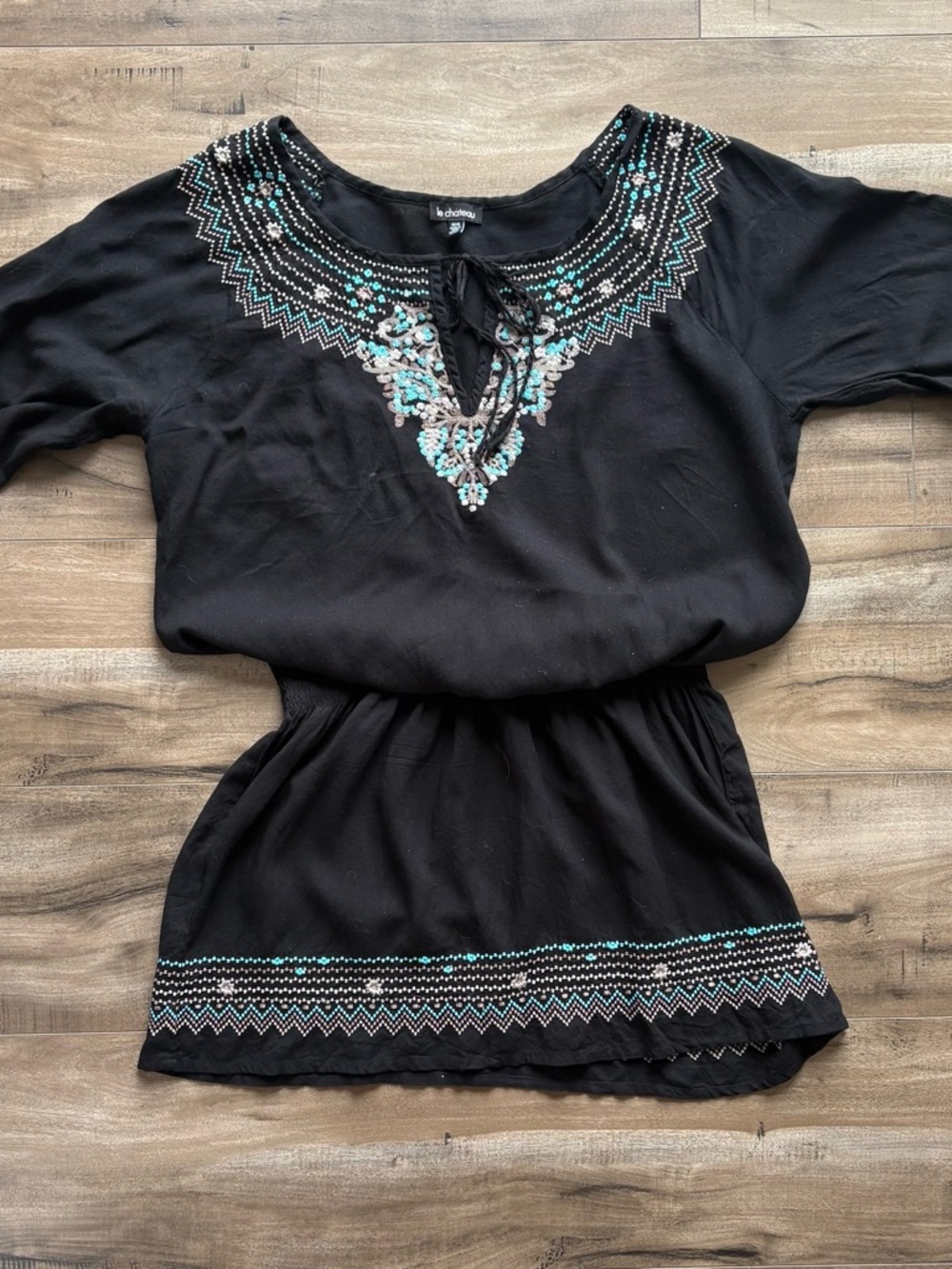 le chateau Black Mini Dress with Turquoise & Embroidery Size Medium